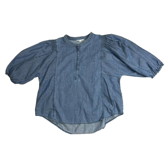 Caslon Blouse Top Womens Large Blue Balloon Sleeve Chambray Half Button Cottage - Picture 1 of 8